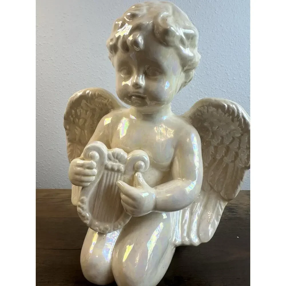Vintage Iridescent Porcelain Angel Figurine Kneeling Harp 9.5”